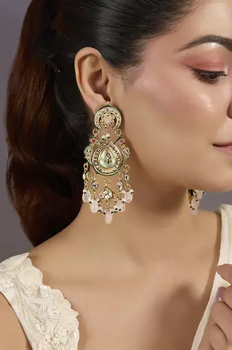 Gold plated pink stones danglers drop earrings