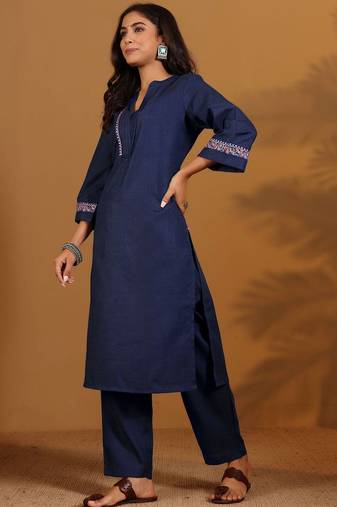 Embroidered Straight Thread Work Kurta With Trousers