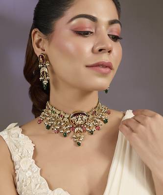 Gold plated multicolor polki stones choker set 1