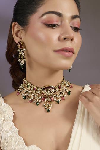 Gold plated multicolor polki stones choker set