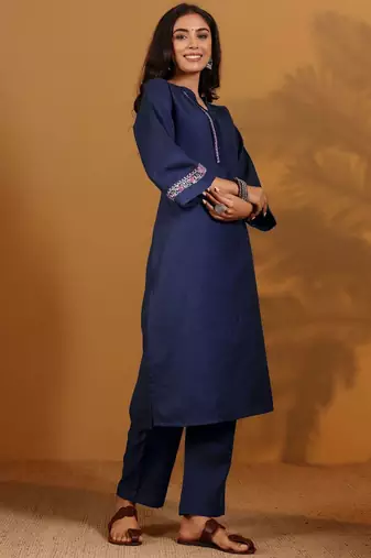 Embroidered Straight Thread Work Kurta With Trousers