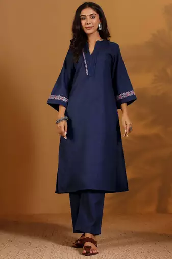 Embroidered Straight Thread Work Kurta With Trousers
