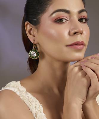 Gold plated green stone oval drop earrings 1
