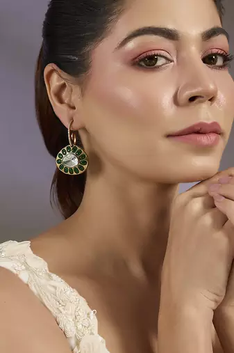 Gold plated green stone oval drop earrings