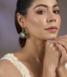 Gold plated green stone oval drop earrings