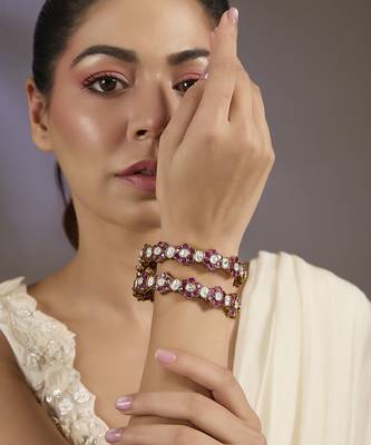 Gold plated dark pink stones kundan bangles 1