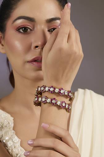 Gold plated dark pink stones kundan bangles