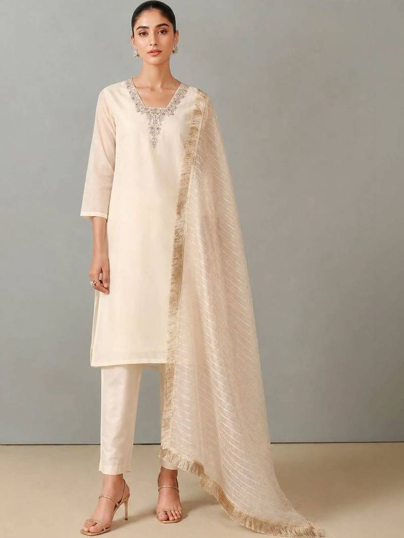 Women Embroidered Regular Thread Work Kurta with Trousers & With Dupatta