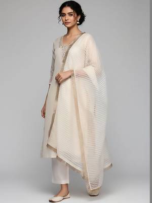 Women Embroidered Regular Thread Work Kurta with Trousers & With Dupatta 6