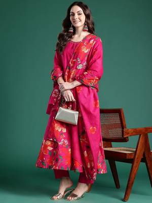 Floral Printed Beads & Stones  Cotton Kurta With Trousers & Dupatta 1