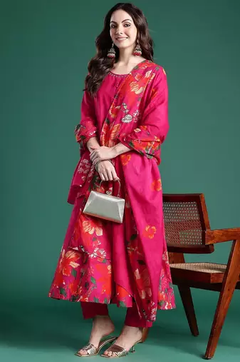 Floral Printed Beads & Stones Pure Cotton Kurta With Trousers & Dupatta