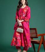 Floral Printed Beads & Stones  Cotton Kurta With Trousers & Dupatta