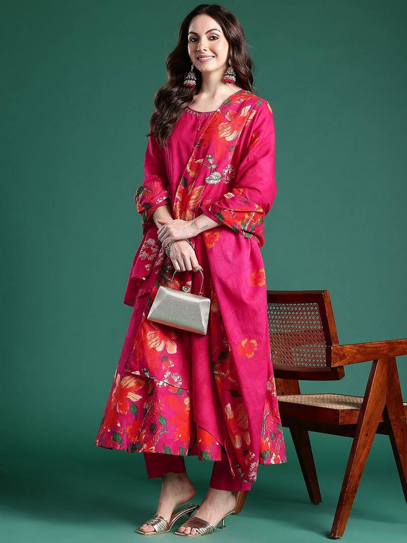 Floral Printed Beads & Stones  Cotton Kurta With Trousers & Dupatta