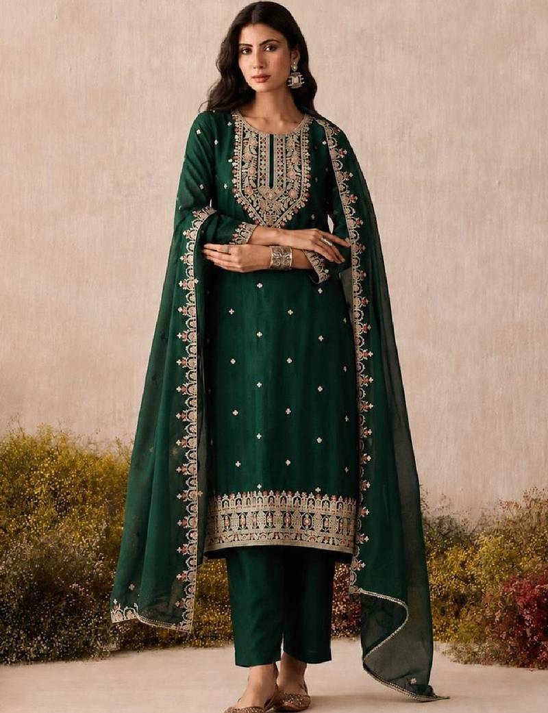 Women Ethnic Motifs Embroidered Regular Thread Work Kurta with Trousers & With Dupatta