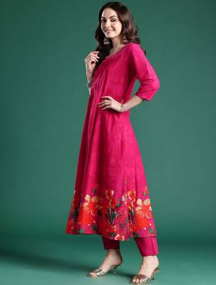 Floral Printed Beads & Stones  Cotton Kurta With Trousers & Dupatta 5