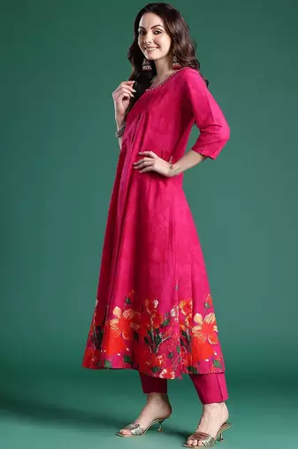 Floral Printed Beads & Stones Pure Cotton Kurta With Trousers & Dupatta