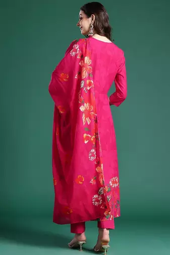 Floral Printed Beads & Stones Pure Cotton Kurta With Trousers & Dupatta
