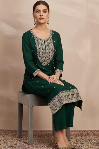 Women Ethnic Motifs Embroidered Regular Thread Work Kurta with Trousers & With Dupatta