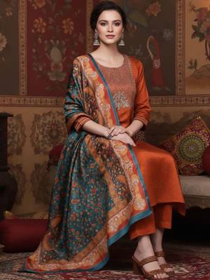 Rust Geometric Woven Design Regular Thread Work Kurta With Trouser With Dupatta 1