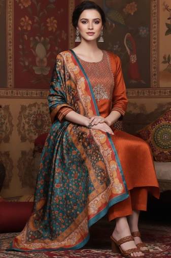 Rust Geometric Woven Design Regular Thread Work Kurta With Trouser With Dupatta