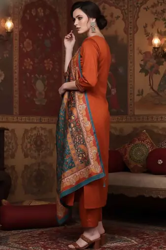 Rust Geometric Woven Design Regular Thread Work Kurta With Trouser With Dupatta