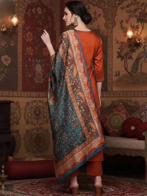 Rust Geometric Woven Design Regular Thread Work Kurta With Trouser With Dupatta 3