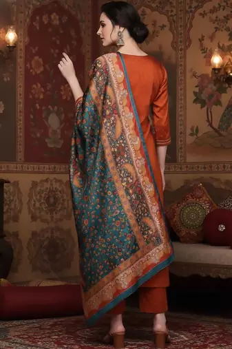 Rust Geometric Woven Design Regular Thread Work Kurta With Trouser With Dupatta