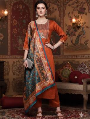 Rust Geometric Woven Design Regular Thread Work Kurta With Trouser With Dupatta 4