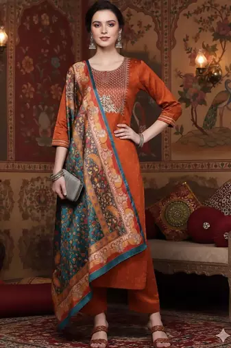 Rust Geometric Woven Design Regular Thread Work Kurta With Trouser With Dupatta