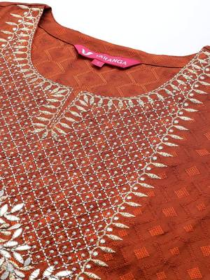 Rust Geometric Woven Design Regular Thread Work Kurta With Trouser With Dupatta 5