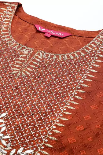 Rust Geometric Woven Design Regular Thread Work Kurta With Trouser With Dupatta