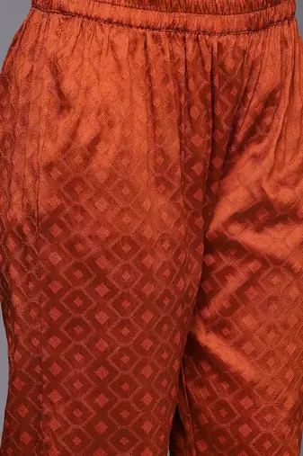 Rust Geometric Woven Design Regular Thread Work Kurta With Trouser With Dupatta