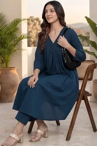 Women Empire Silk Crepe Kurta with Trousers
