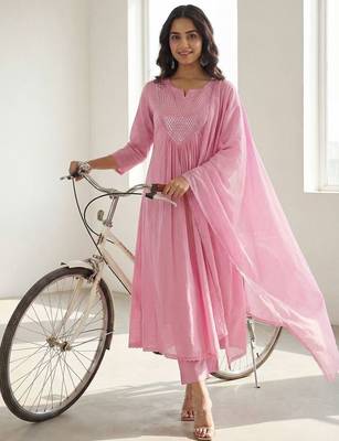 Women Empire Mirror Work Pure Cotton Kurta with Trousers & With Dupatta 1