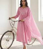 Women Empire Mirror Work Pure Cotton Kurta with Trousers & With Dupatta