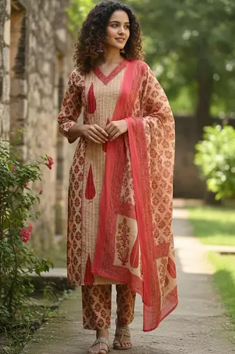 Women Ethnic Motifs Printed Regular Pure Cotton Kurta with Trousers & With Dupatta