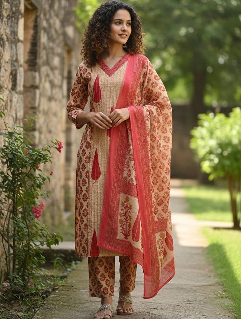 Women Ethnic Motifs Printed Regular  Cotton Kurta with Trousers & With Dupatta