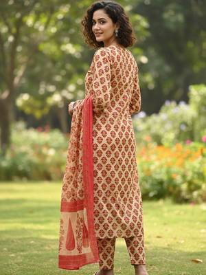 Women Ethnic Motifs Printed Regular  Cotton Kurta with Trousers & With Dupatta 3