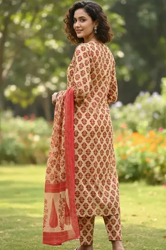 Women Ethnic Motifs Printed Regular Pure Cotton Kurta with Trousers & With Dupatta