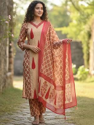 Women Ethnic Motifs Printed Regular  Cotton Kurta with Trousers & With Dupatta 5