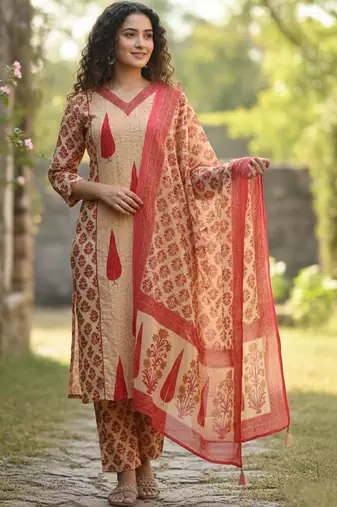Women Ethnic Motifs Printed Regular Pure Cotton Kurta with Trousers & With Dupatta