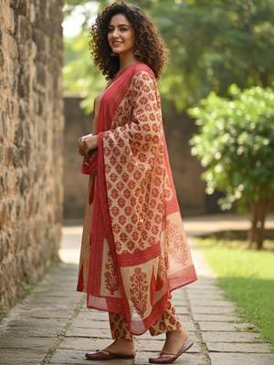 Women Ethnic Motifs Printed Regular  Cotton Kurta with Trousers & With Dupatta 7