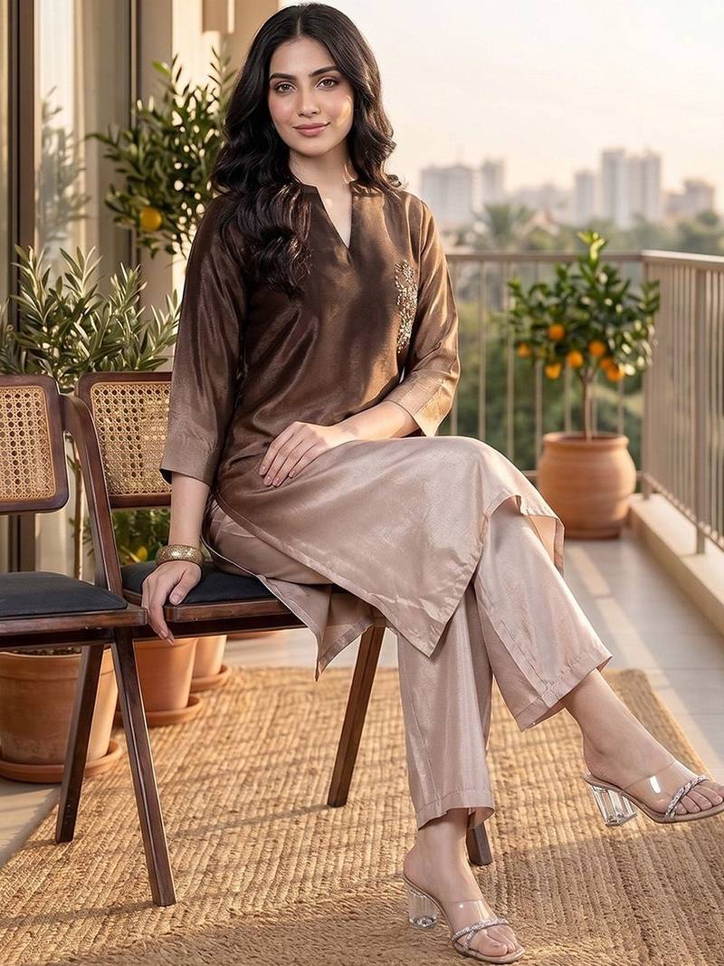 Women Ombre Dyed Regular Beads and Stones Kurta with Palazzos