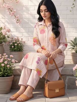 Women Floral Printed Regular Chanderi Silk Kurta with Trousers 2