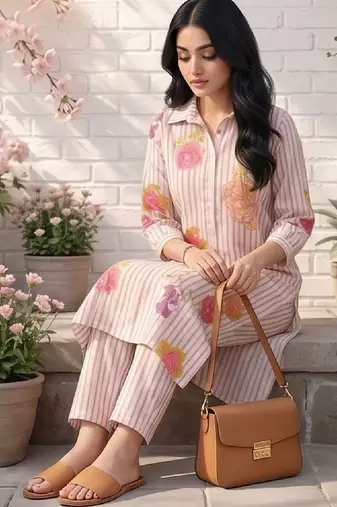 Women Floral Printed Regular Chanderi Silk Kurta with Trousers