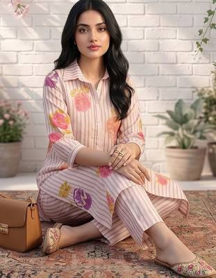 Women Floral Printed Regular Chanderi Silk Kurta with Trousers 4