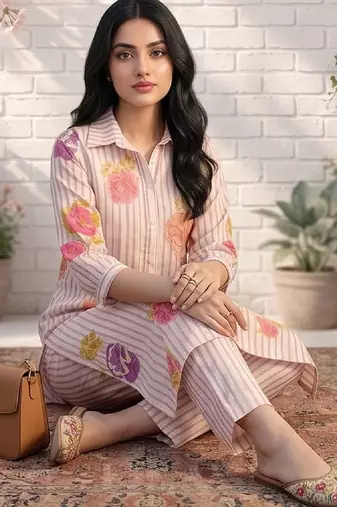 Women Floral Printed Regular Chanderi Silk Kurta with Trousers