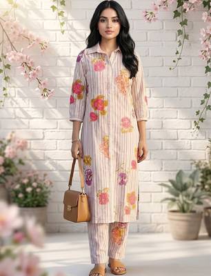 Women Floral Printed Regular Chanderi Silk Kurta with Trousers 1
