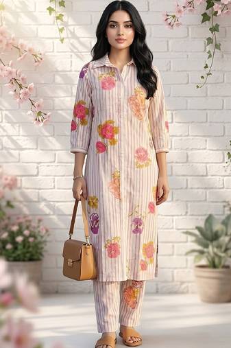 Women Floral Printed Regular Chanderi Silk Kurta with Trousers