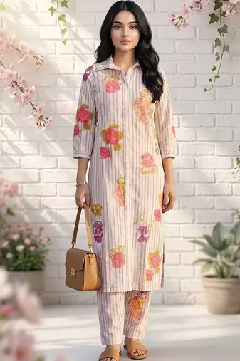 Women Floral Printed Regular Chanderi Silk Kurta with Trousers